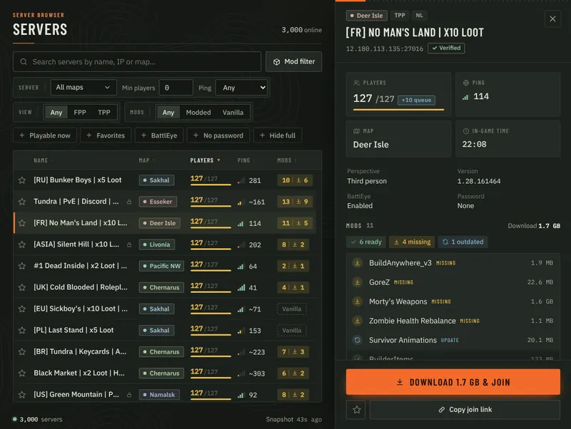 Flarecall development server panel showing required mods with sample statuses.