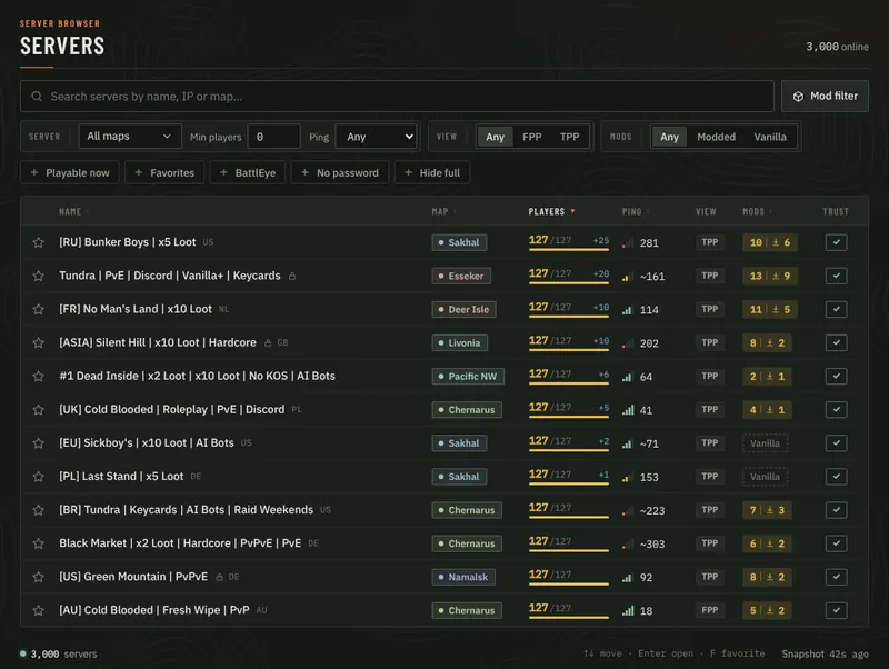 Flarecall Field Radio server browser development screenshot with sample servers and filter controls.